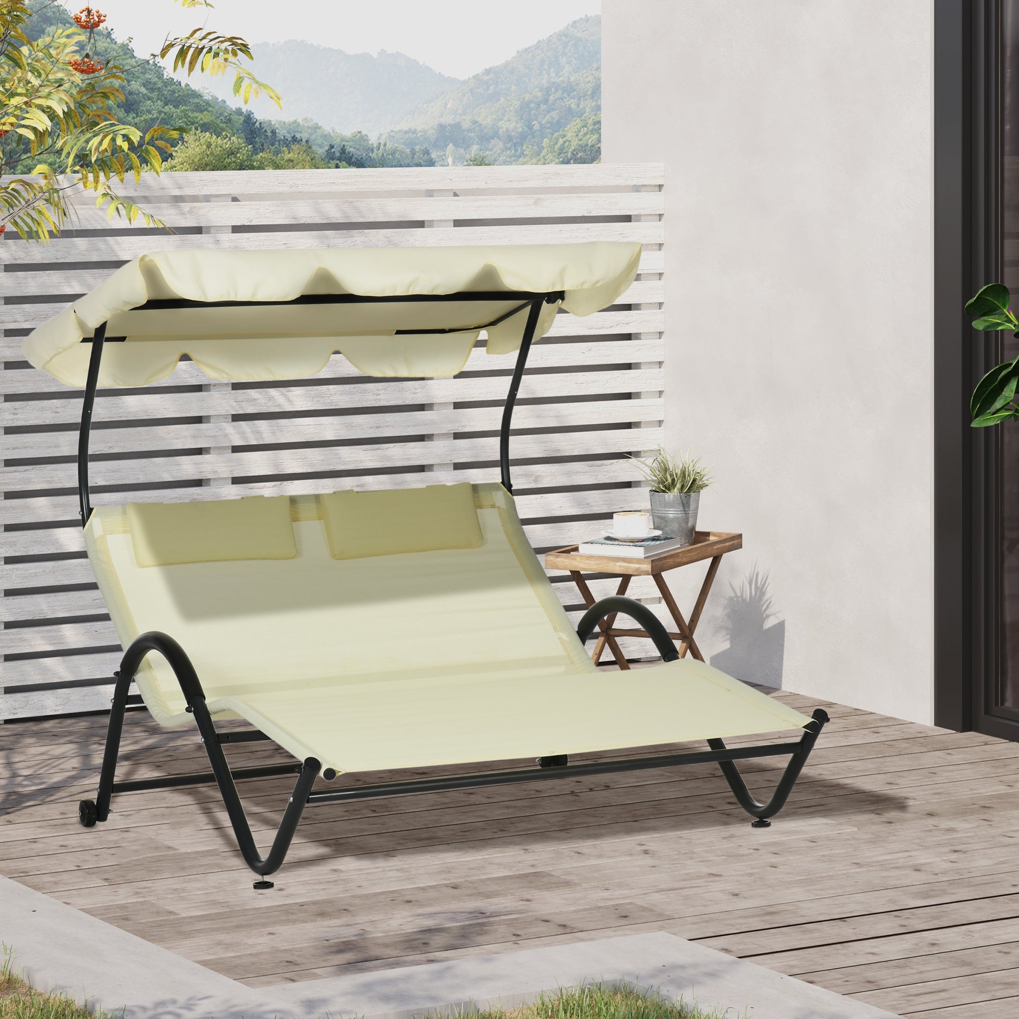 Outsunny Patio Chaise Lounge Chair Outdoor w Sunshade Roof Wheels Breathable Mesh Bed Pillows