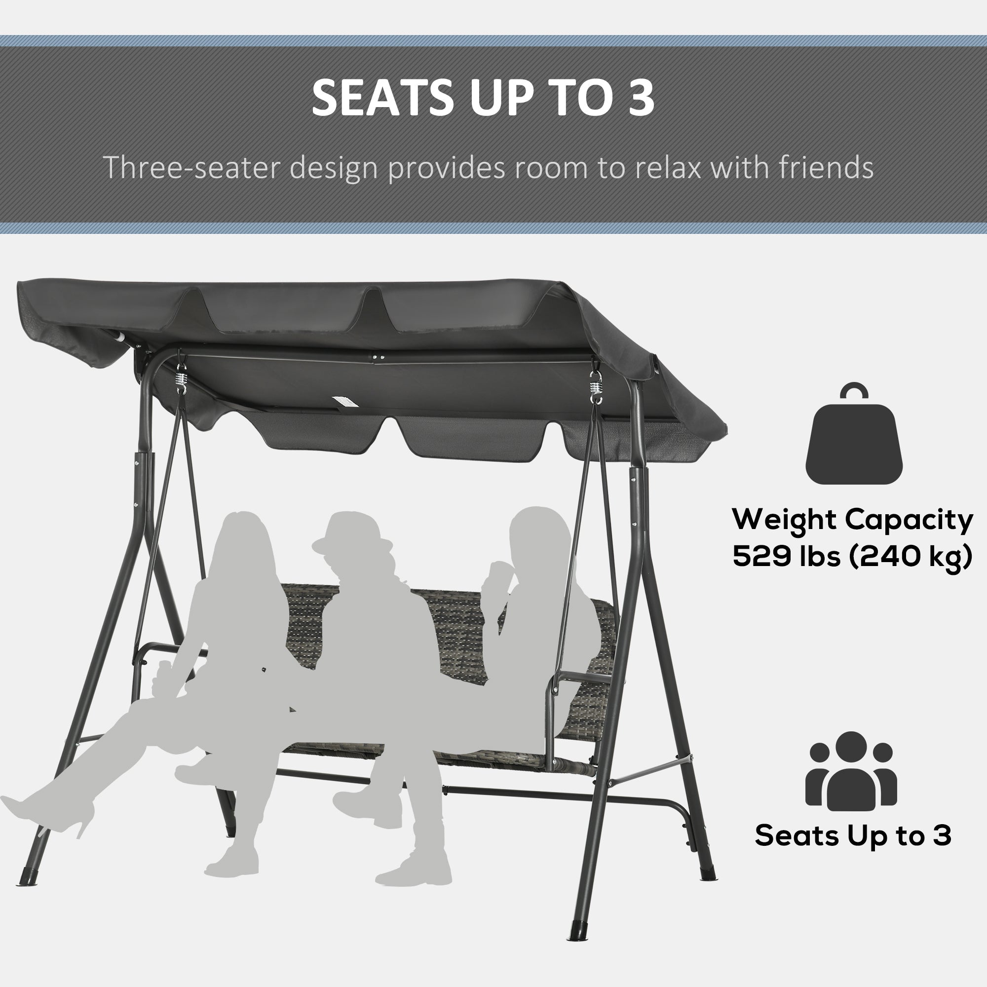 Outsunny 3 Seater Rattan Outdoor Patio Swing with Adjustable Canopy and Stand for Garden Porck Backyard, Grey