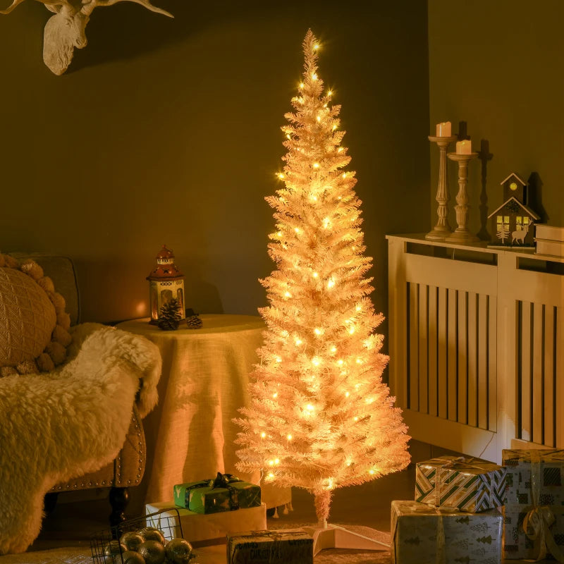 HOMCOM 5ft Pencil Christmas Tree, Slim Artificial Christmas Tree with Realistic Branches and Warm White LED Lights, Pink