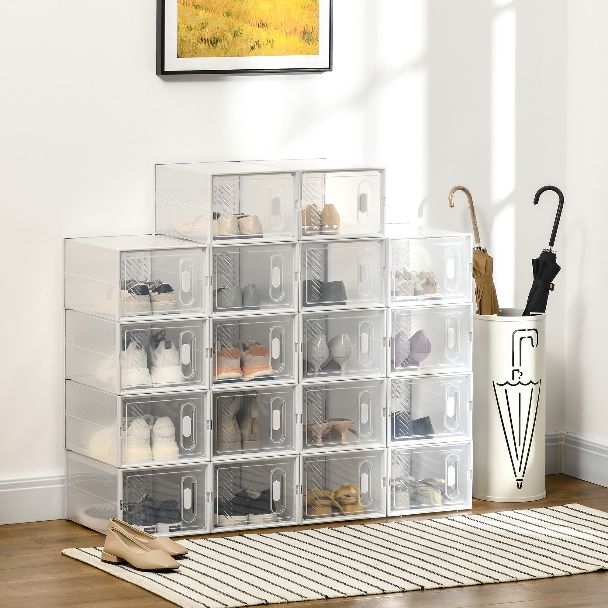 HOMCOM 18-Cube Stackable Shoe Storage Organizer Modular Shoe Cabinet for Entryway Clear and White
