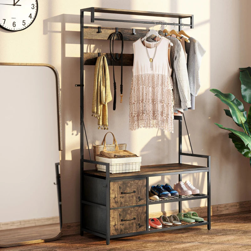 6-In-1 Hall Tree with Shoe Storage, Coat Rack Shoe Storage with 10 Hooks, 2 Fabric Drawers, Rustic Brown