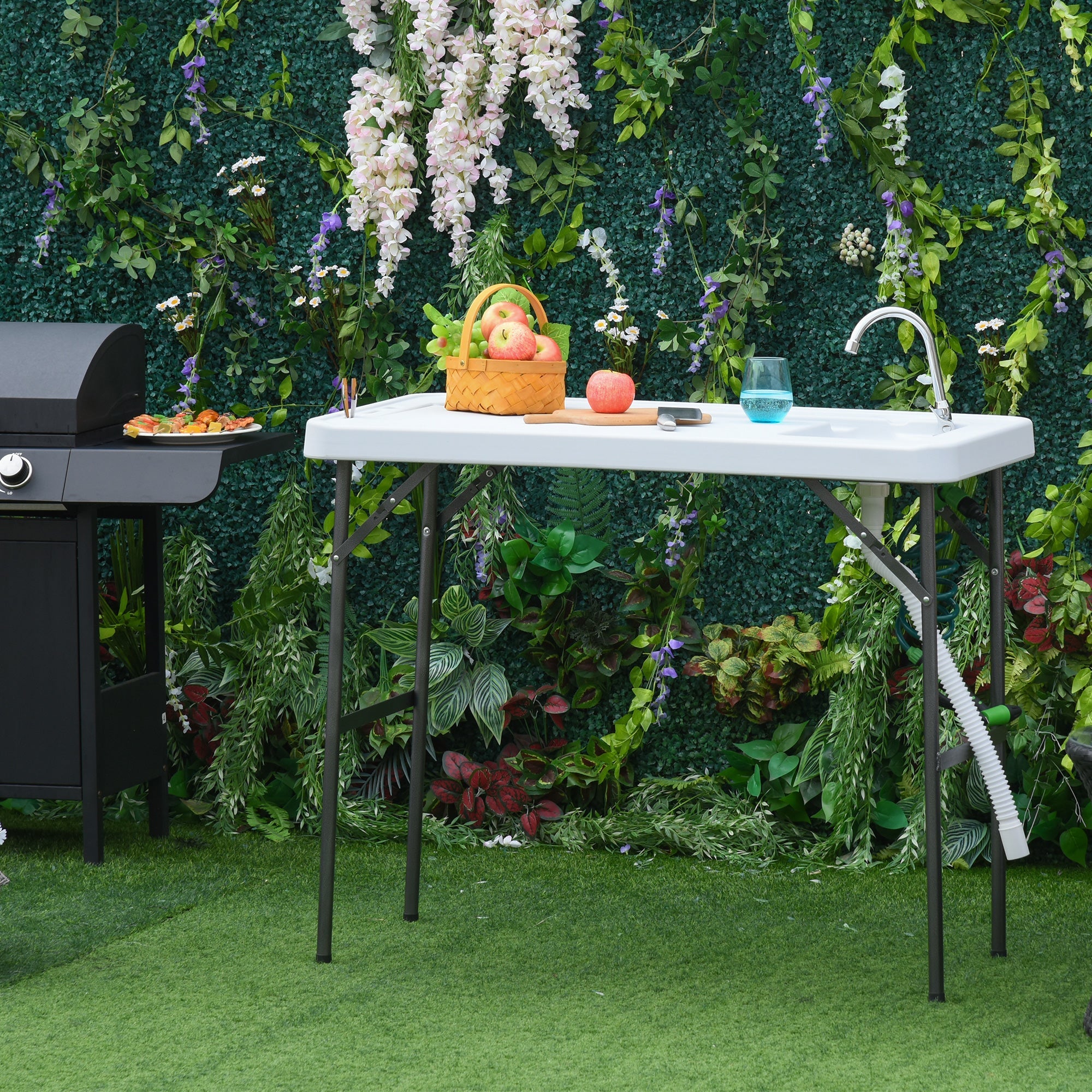 Outsunny Folding Fish Cleaning Table with Sink Faucet Spray Cleaner for BBQ Camping Picnic Garden 45"x23"x37"