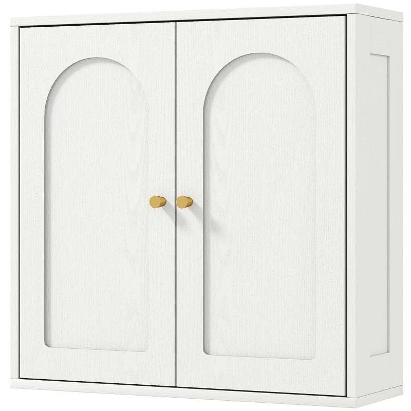 Medicine Cabinet, Modern Bathroom Wall Cabinet with 2 Arched Doors and Gold Handles, White Wood Grain