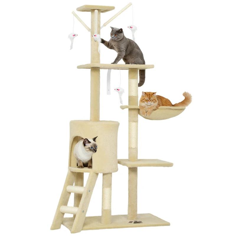 53" Cat Tree Tower, Kitten Activity Centre with Scratching Posts, Condo, Perches, Ladder, Hammock, Dangling Toys, Beige