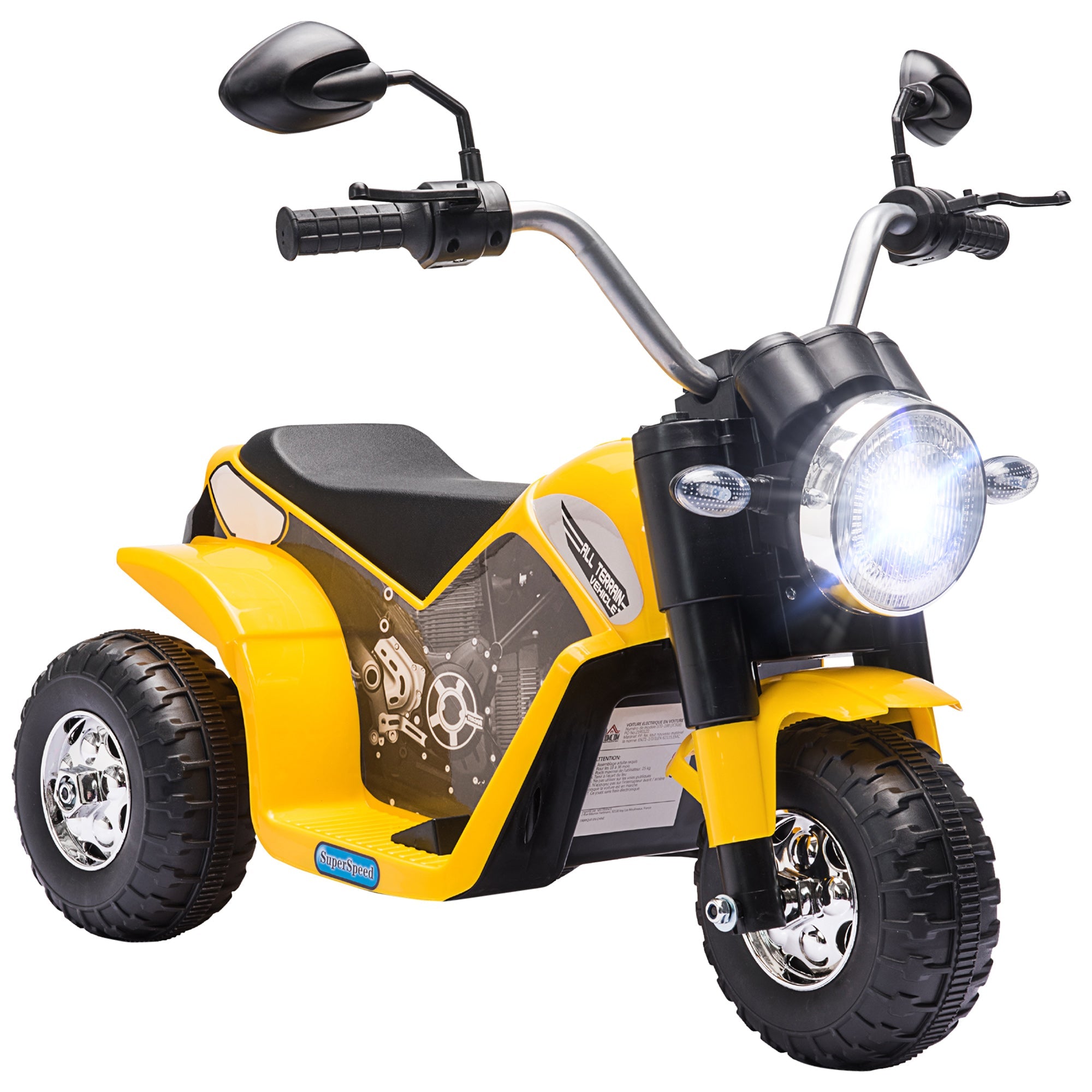 Aosom 6V Electric Kids Motorcycle Ride-On Dirt Bike 3-Wheels with Horn Headlights Yellow for Toddlers