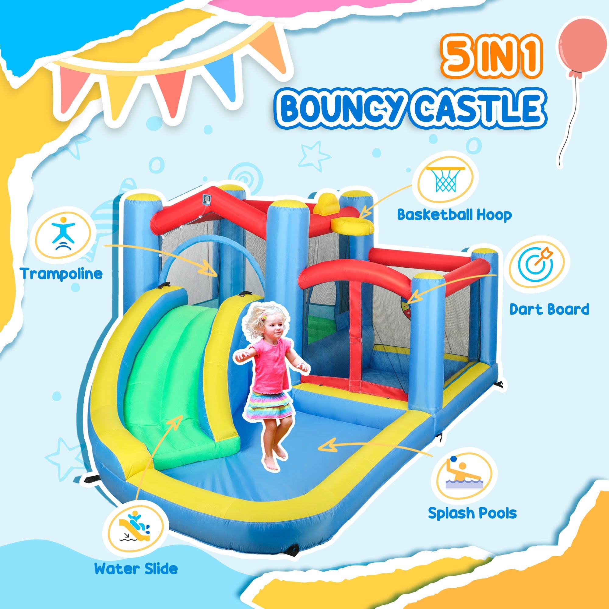 Qaba Bouncy Castle for Kids with 550W Blower, Water Slide, 2 Splash Pools, Basketball Hoop, Dart Board,12.6' x 9.5' x 5.9'
