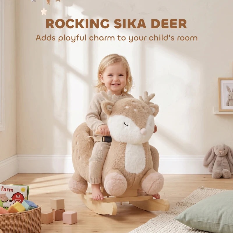 Toddler Deer Rocking Horse with Animal Sound, Safety Belt & Rocking Stopper – Brown