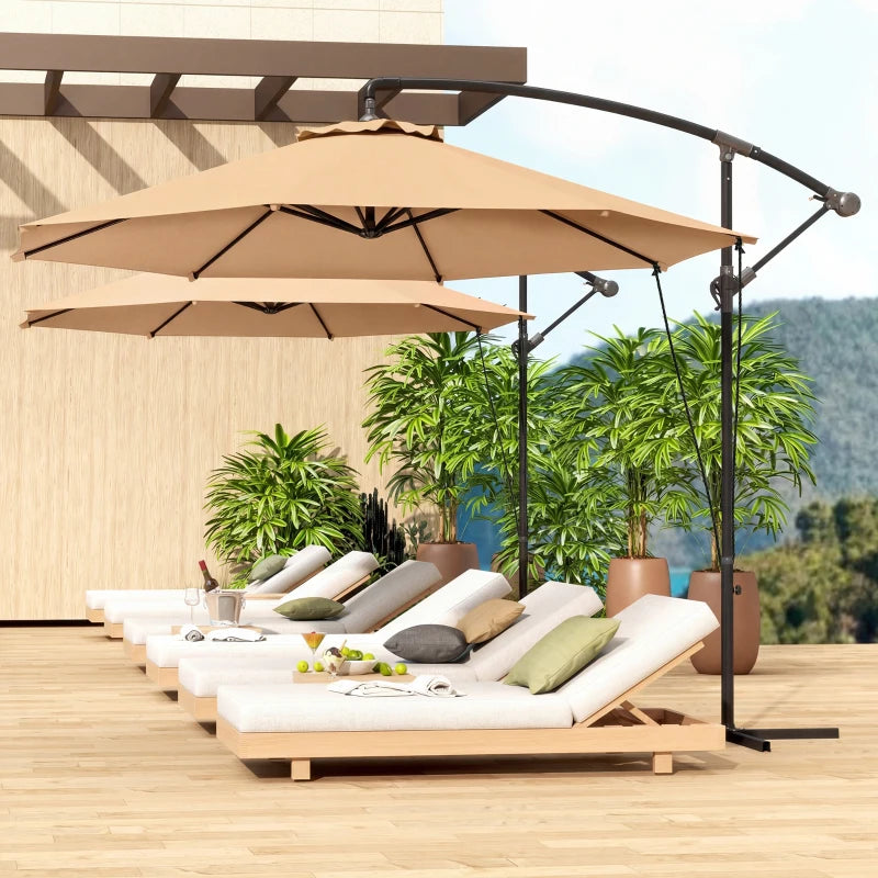 9.5' Cantilever Umbrella with Wind Protection Strap and Cover, Hanging Umbrella with Crank and Cross Base, Khaki