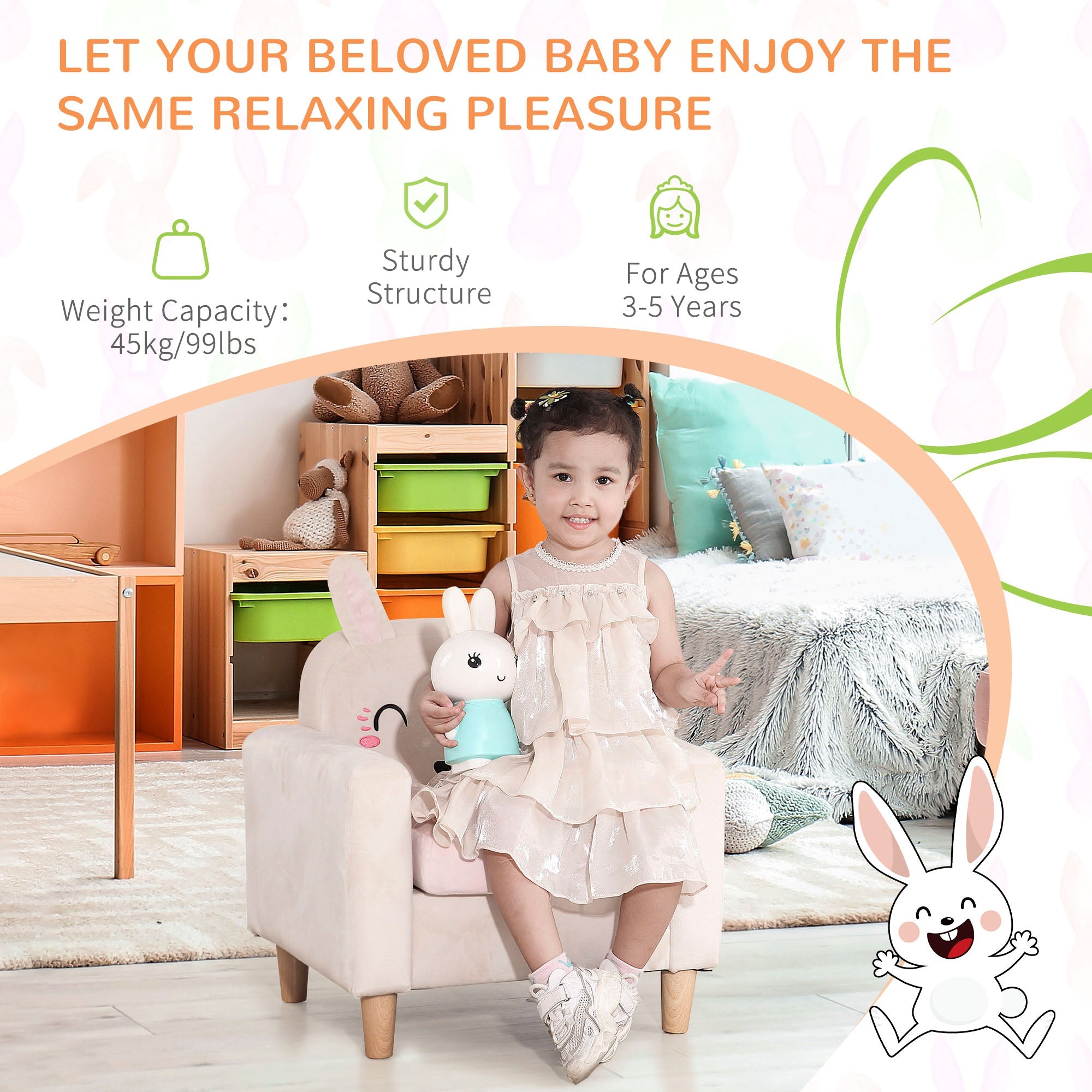 Qaba Kids Sofa: Charming Rabbit Ear Design, Sturdy Wooden Legs, Perfect for Preschool & Bedroom - Cream