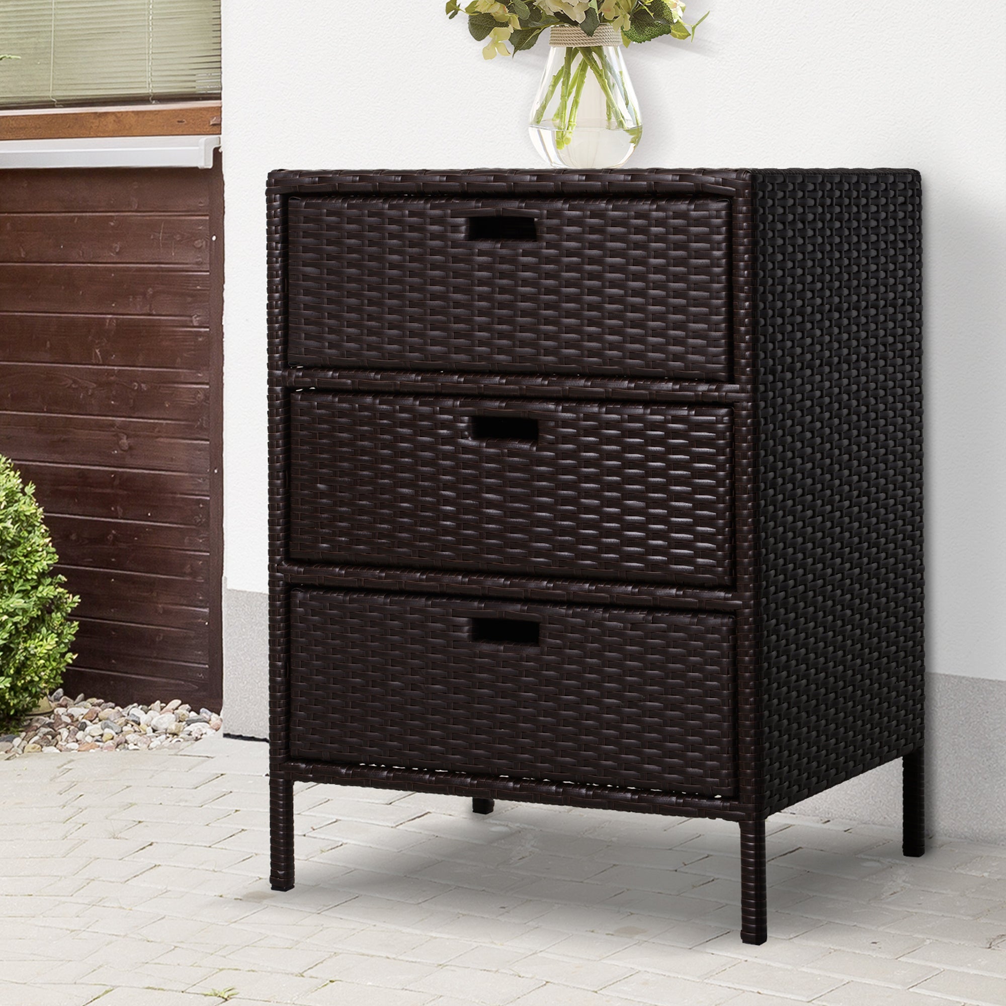 Outsunny Rattan Wicker Patio Organizer 32 Poolside Storage Cabinet with 3 Drawers Bathroom Garden Outdoor