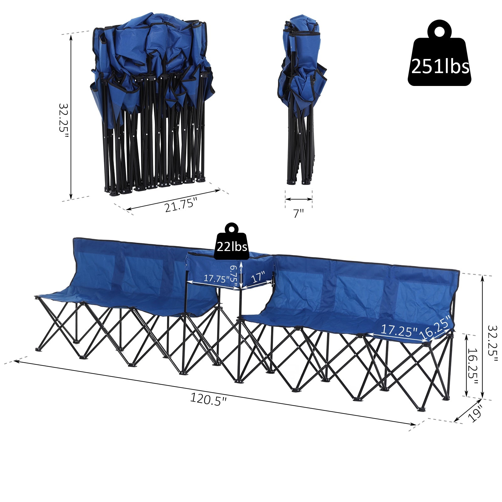 Outsunny 6 Seat Sport Bench Camp Seat Crowd Folding Portable Cooler Bag w/ Carrying Case Blue
