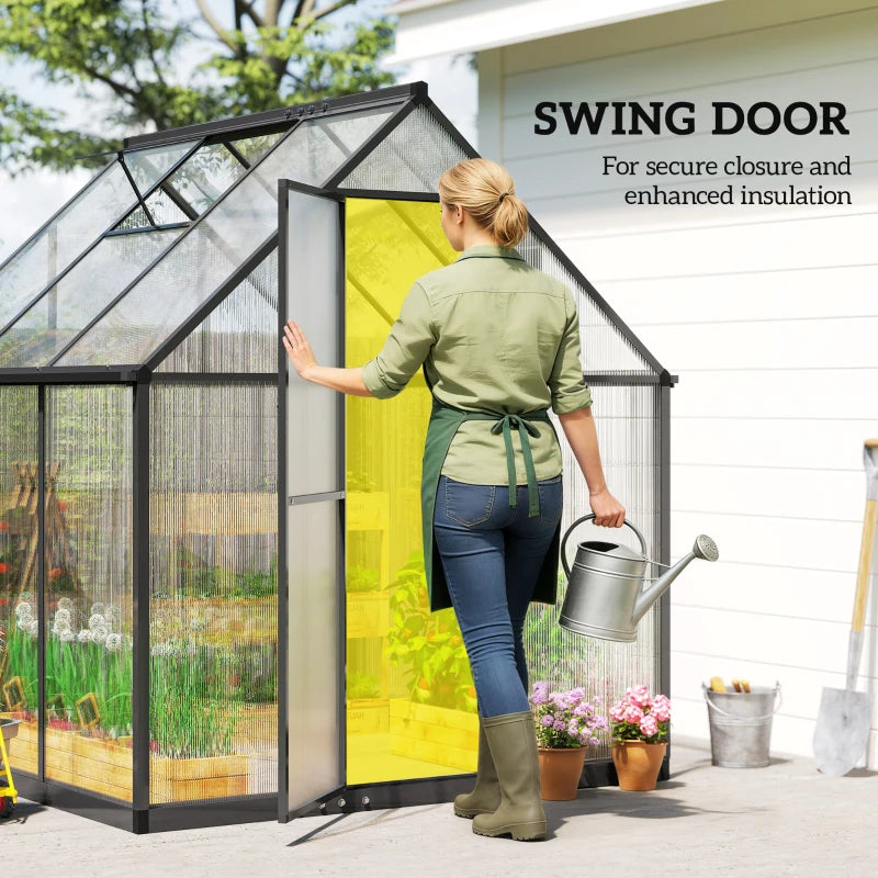 Polycarbonate Greenhouse with Swing Door and Adjustable Window, Walk-in Greenhouse with Rain Gutter, 6 x 6.5ft, Black