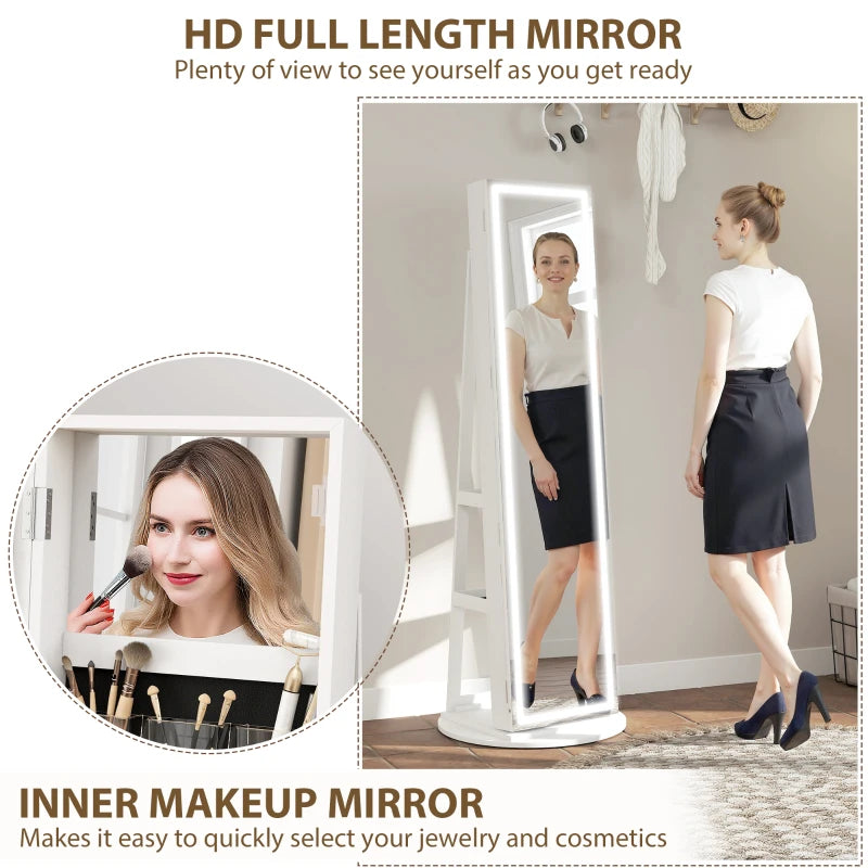 Jewelry Cabinet with Full Length Lockable Mirror, Standing Jewelry Armoire Organizer with LEDs, White