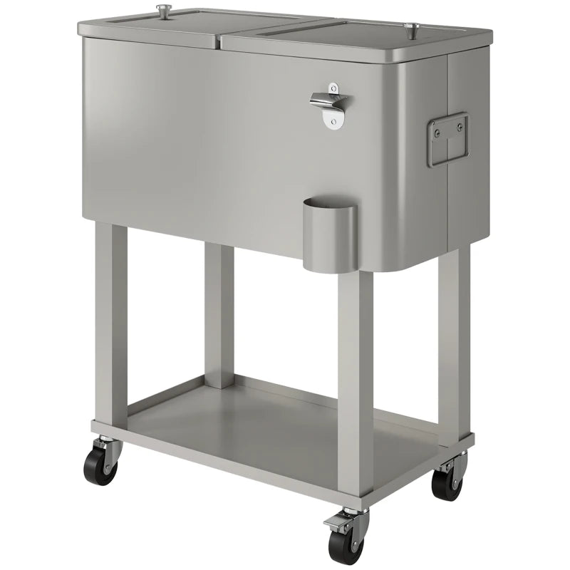 60 Quart Rolling Outdoor Cooler, Portable Rolling Patio Cooler Cart with Locking Wheels, Storage Shelf, Silver