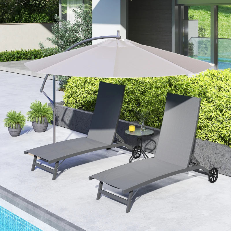 Outdoor Lounge Chair Set of 2, Tanning Chair with Wheels, Breathable Mesh for Patio, Backyard, Poolside, Dark Grey