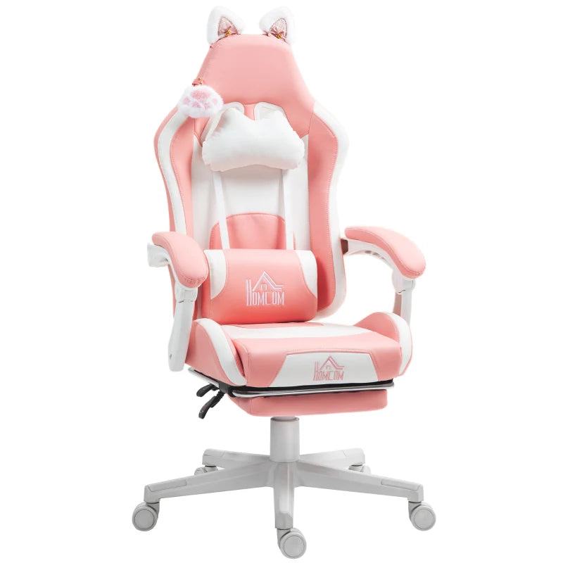 Cute Racing Gamer Chair, Faux Leather Gaming Chair with Footrest, Headrest and Lumbar Support, Pink