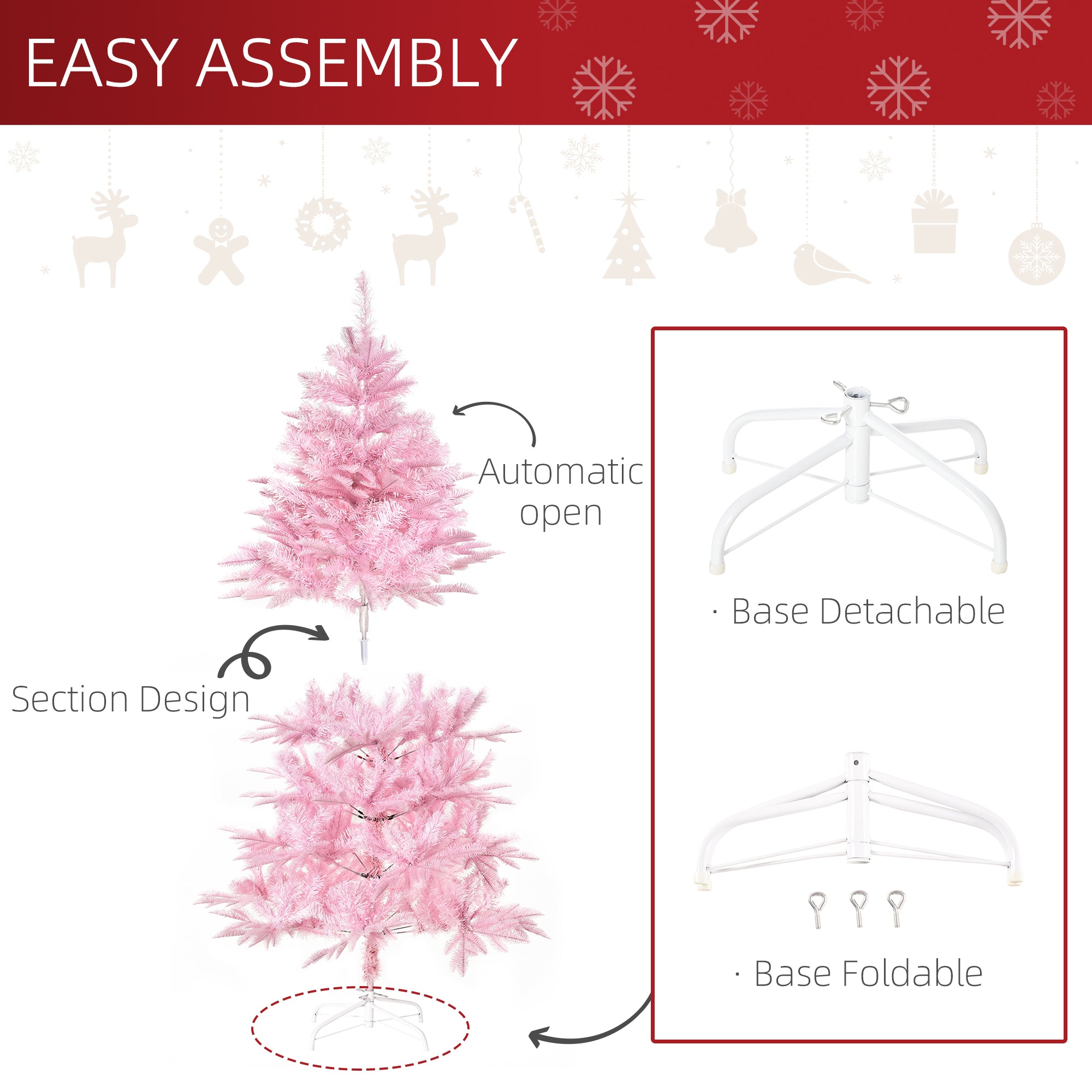 HOMCOM 5FT Pink Artificial Christmas Tree with Easy Automatic Open - Vibrant Holiday Decor for Home & Party