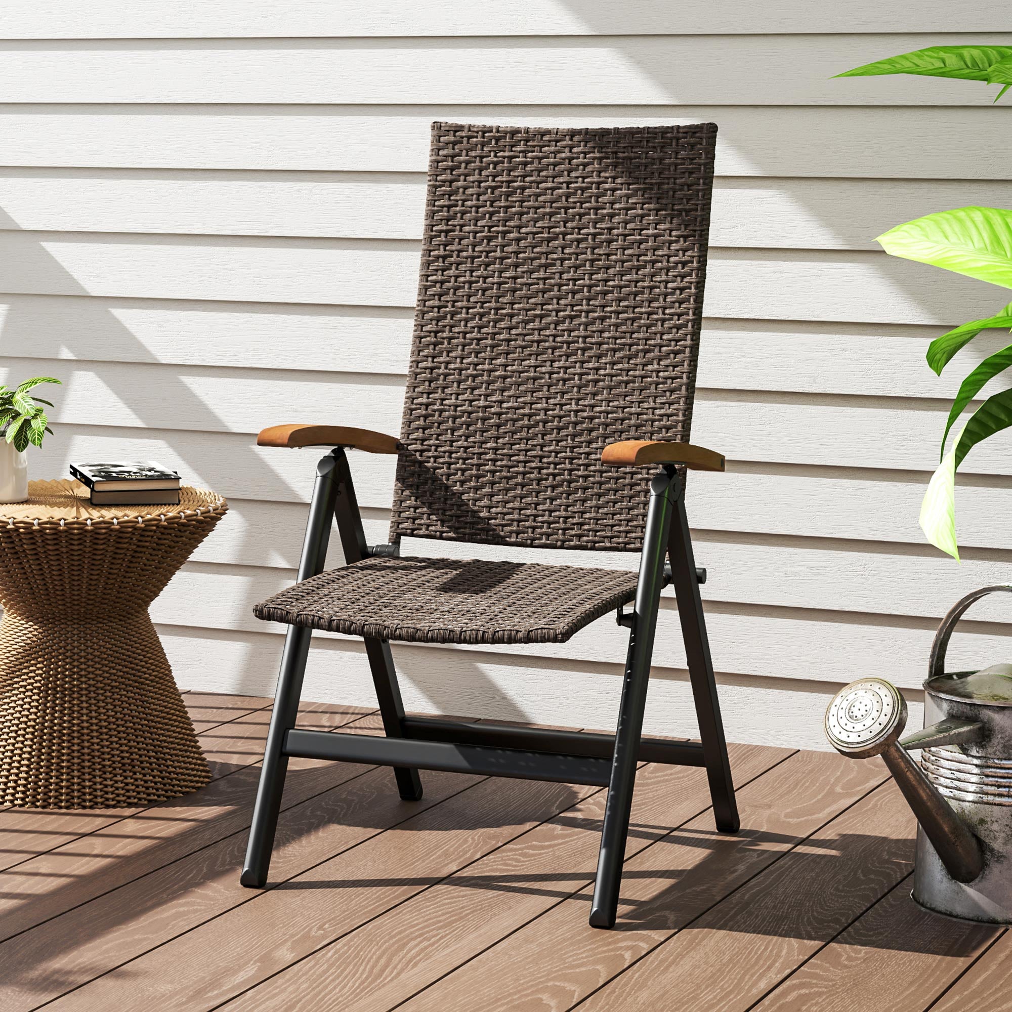 Outsunny Folding Patio Wicker Dining Chair with Steel Frame, Armrest, Backrest for Outdoor, Garden, Backyard, Brown