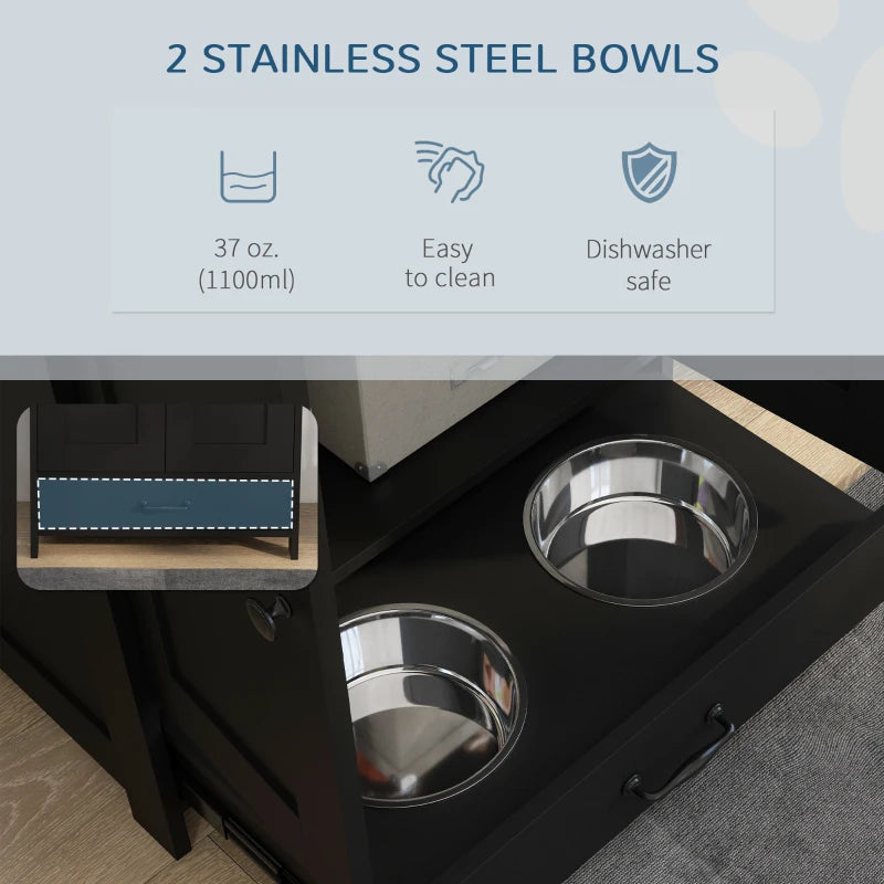 Pet Food Storage Container Dog Feeding Station w/ Adjustable Panel, Hooks, for Medium Sized Dogs, Black