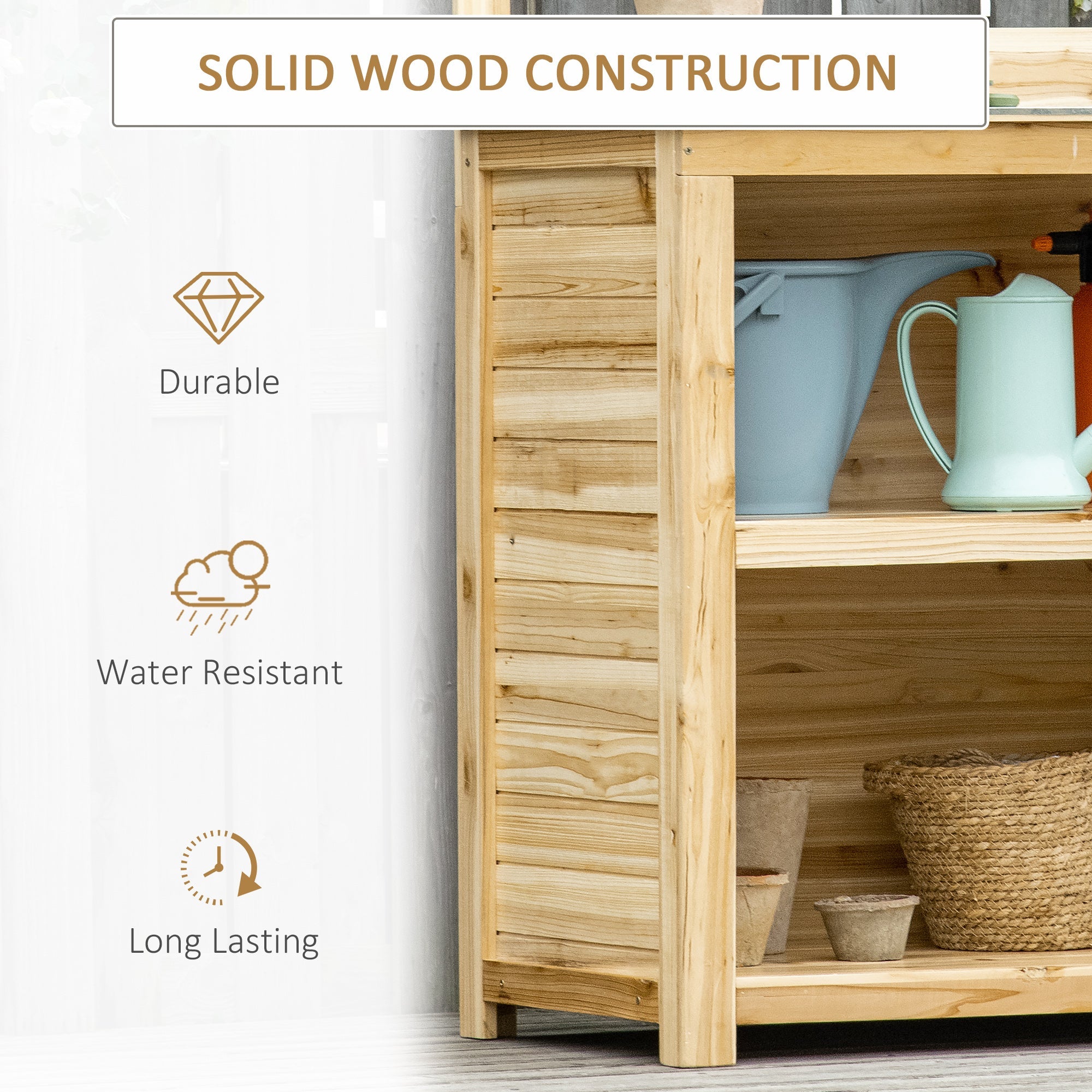 Outsunny Garden Potting Bench Table, Wooden Workstation Bench w/ Galvanized Metal Tabletop, Storage Shelves and Hooks