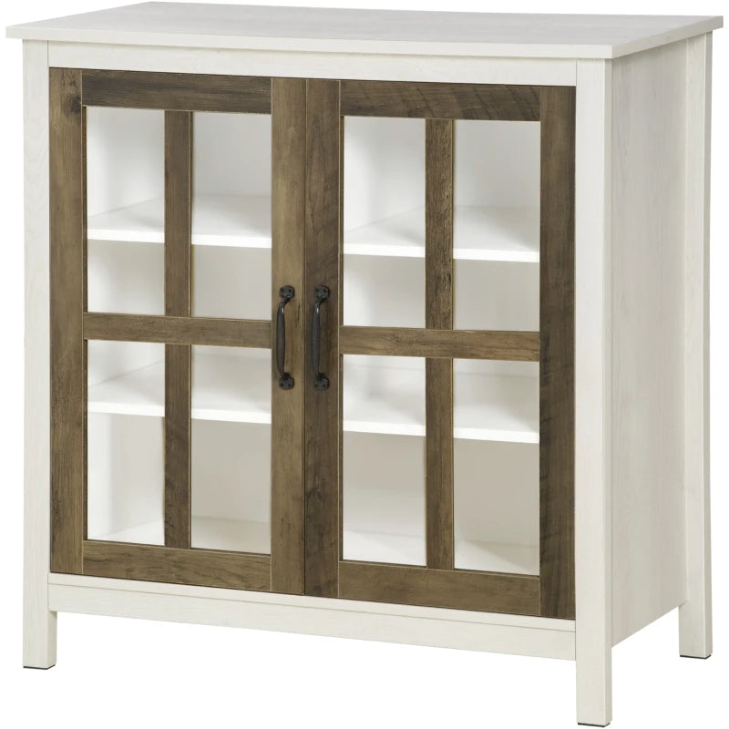Kitchen Sideboard, Glass Door Buffet Cabinet, Accent Storage Cabinet with 2 Glass Doors and Adjustable Shelf for Dining Room, Living Room, Distressed White