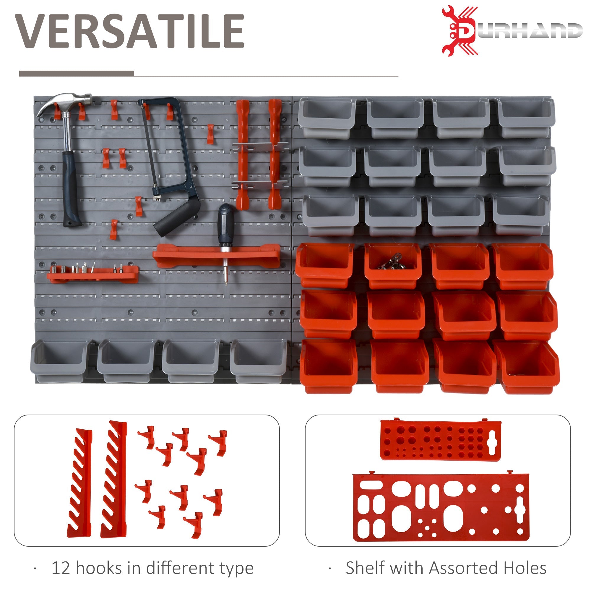DURHAND Wall Storage System: 44-Bin Pegboard Organizer with Hooks for Garage Tool Storage, Red