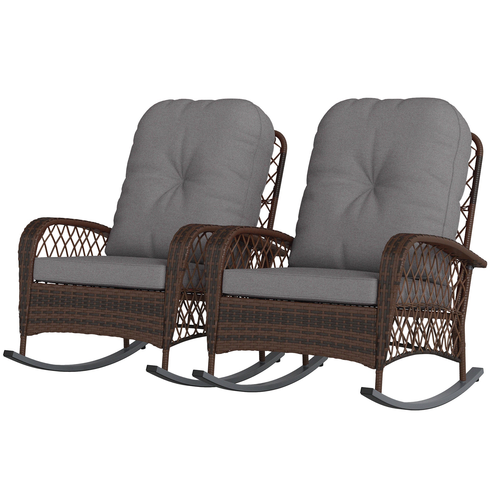 Outsunny Outdoor Wicker Rattan Rocking Chair Set of 2, Patio Rocker with Thick Cushions for Garden Backyard Porch, Grey