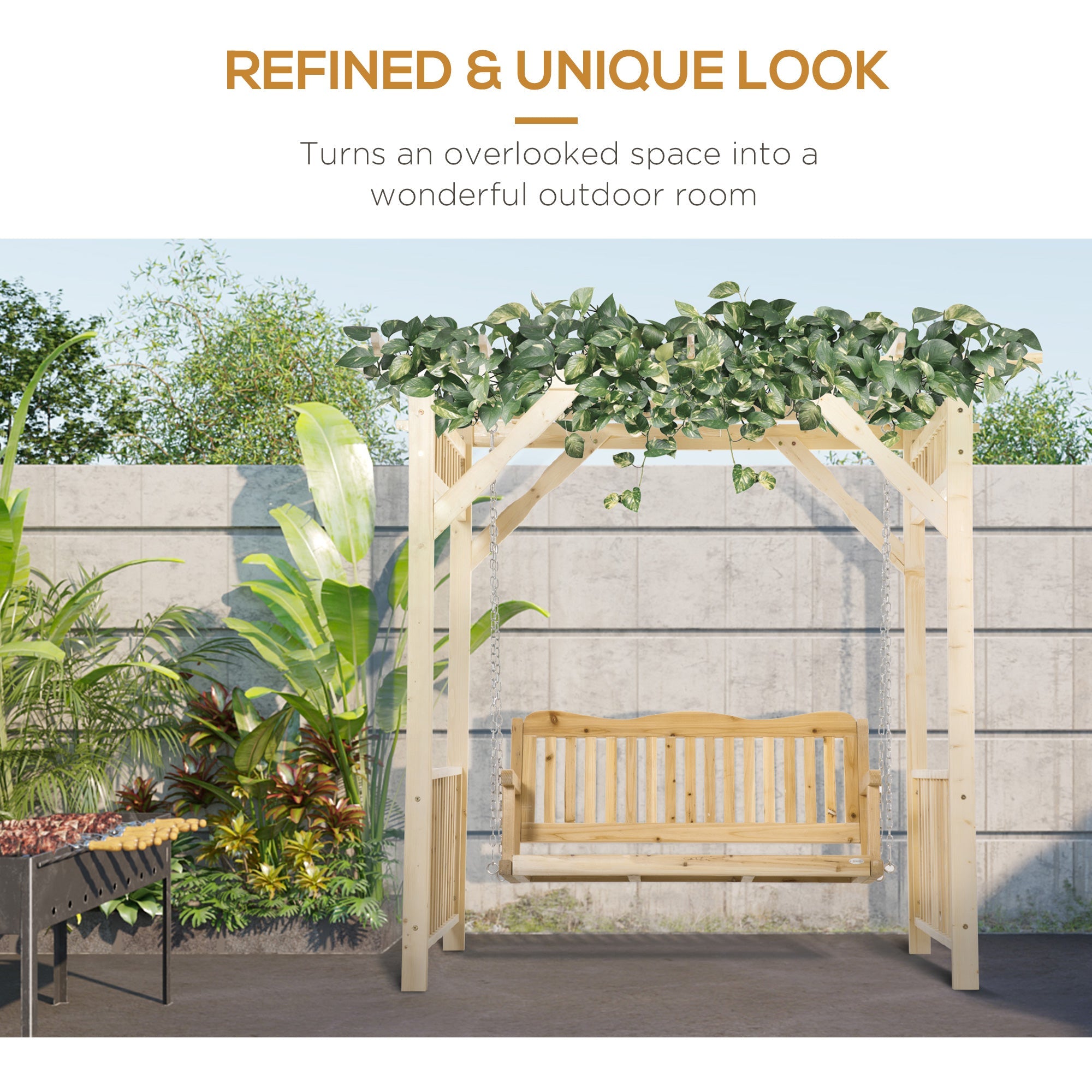 Outsunny Patio Swing Chair with Pergola, 2-Person Wooden Gazebo Swing Bench Sun Shelter for Garden, Poolside, Backyard, Deck