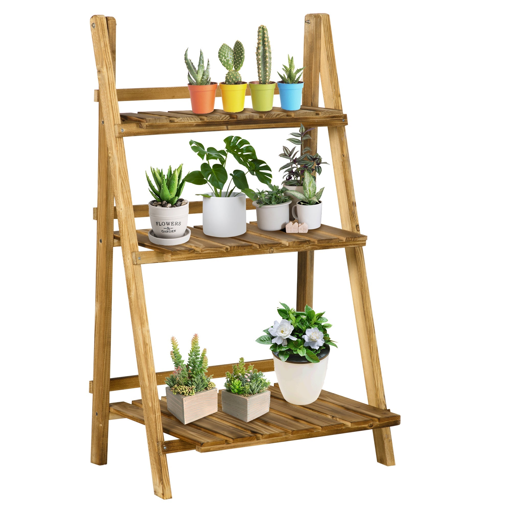 Outsunny Foldable 3-Tier Wooden Plant Stand, 24"x14"x37", for Garden & Indoor Use - Display Plants Beautifully