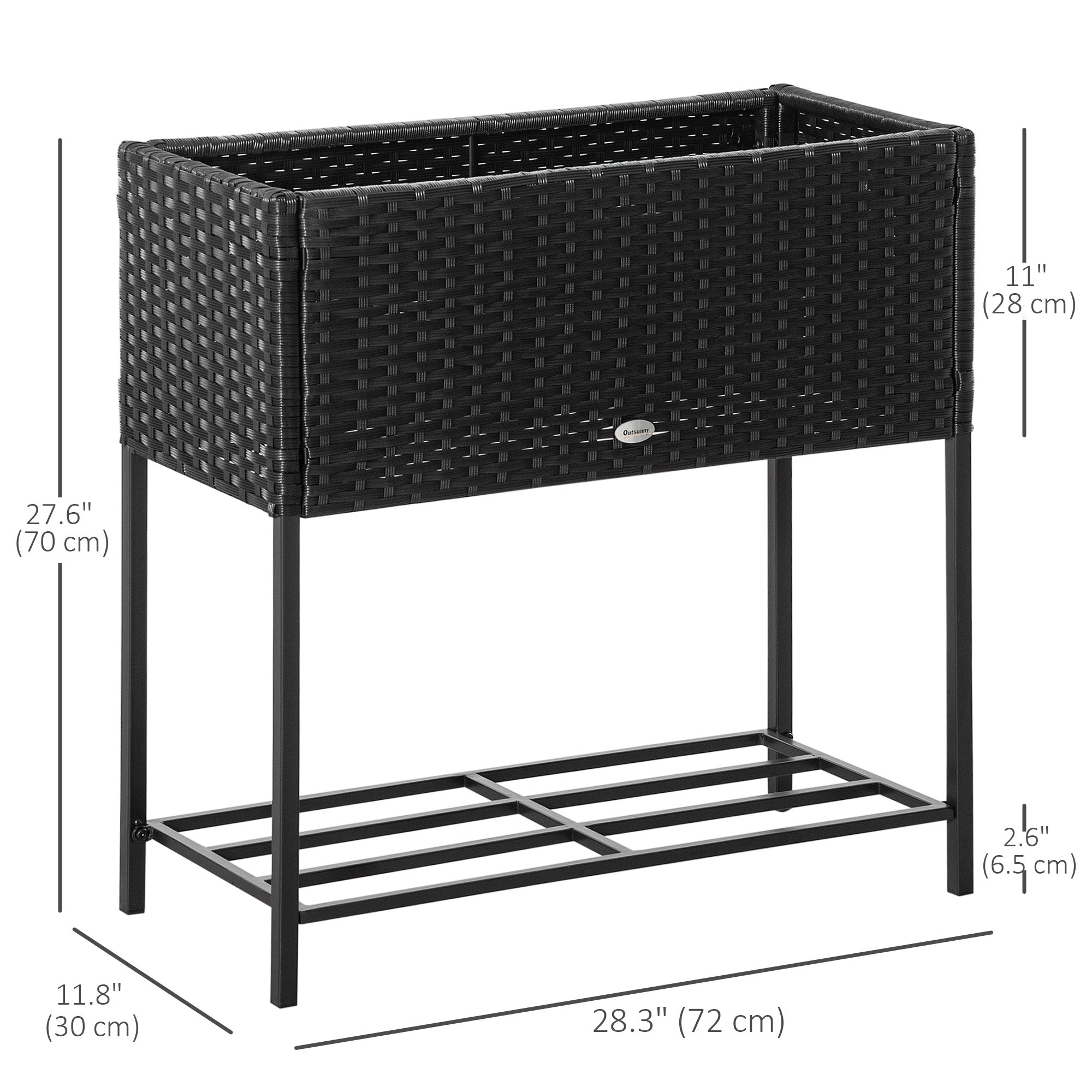 Outsunny Rattan Raised Garden Boxes, Elevated Flower Beds with Storage Shelf for Herbs, Flowers, Vegetables, Black