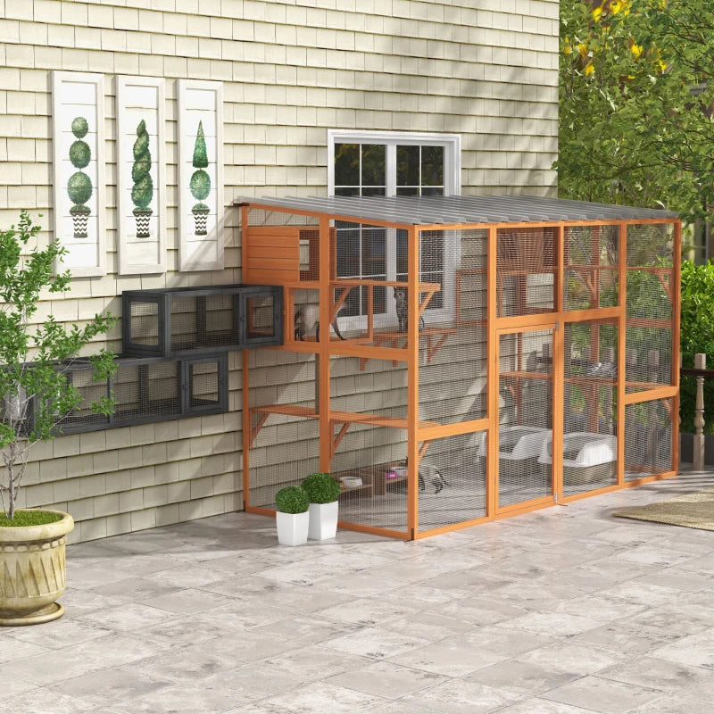 Cat Catio, Large Outdoor Cat Enclosure with 2 Condos, Jumping Platforms, Waterproof Roof, Orange