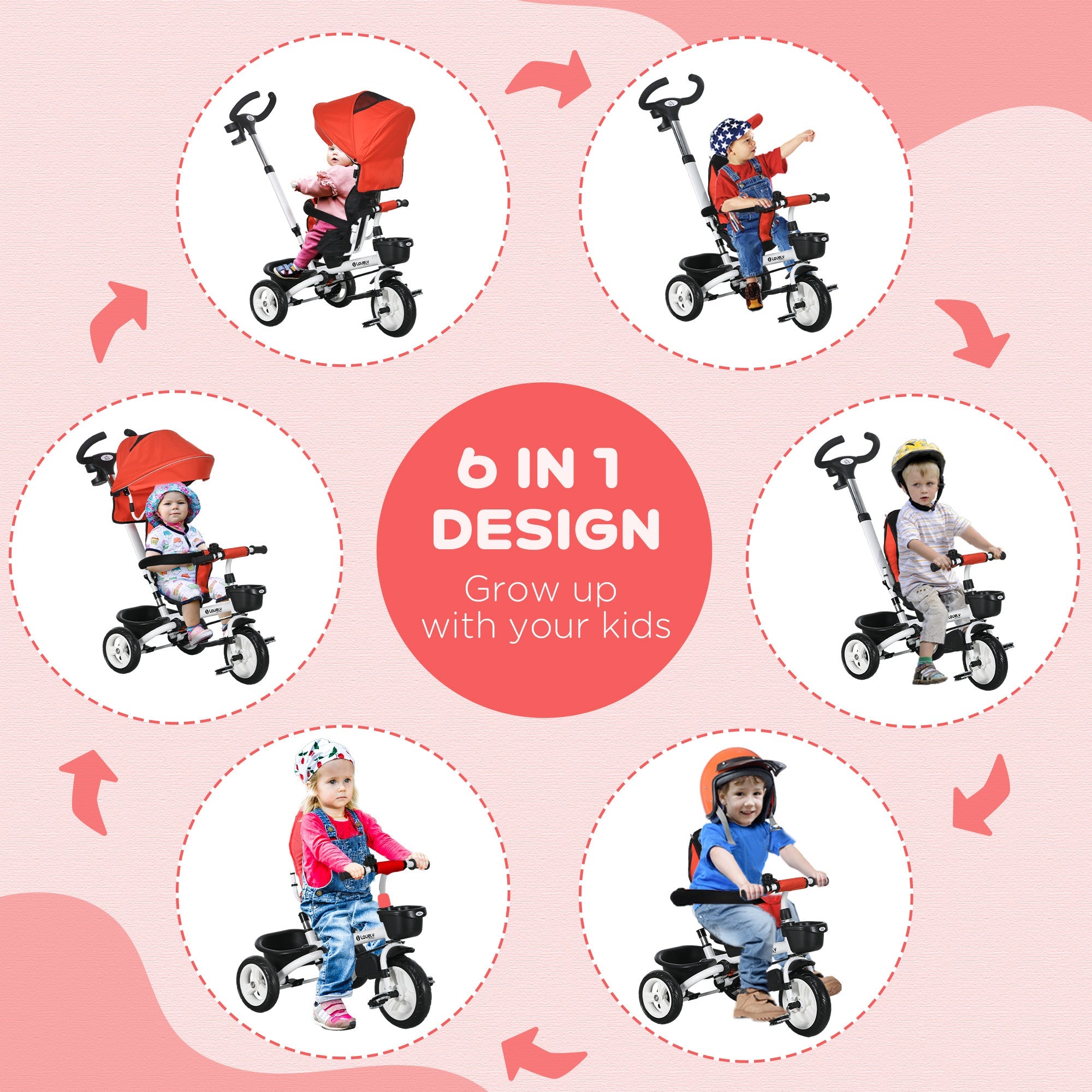 Qaba Red 6-in-1 Kids Trike with Parent Control Handle, Canopy, Storage, Cupholder - Outdoor Play Essential