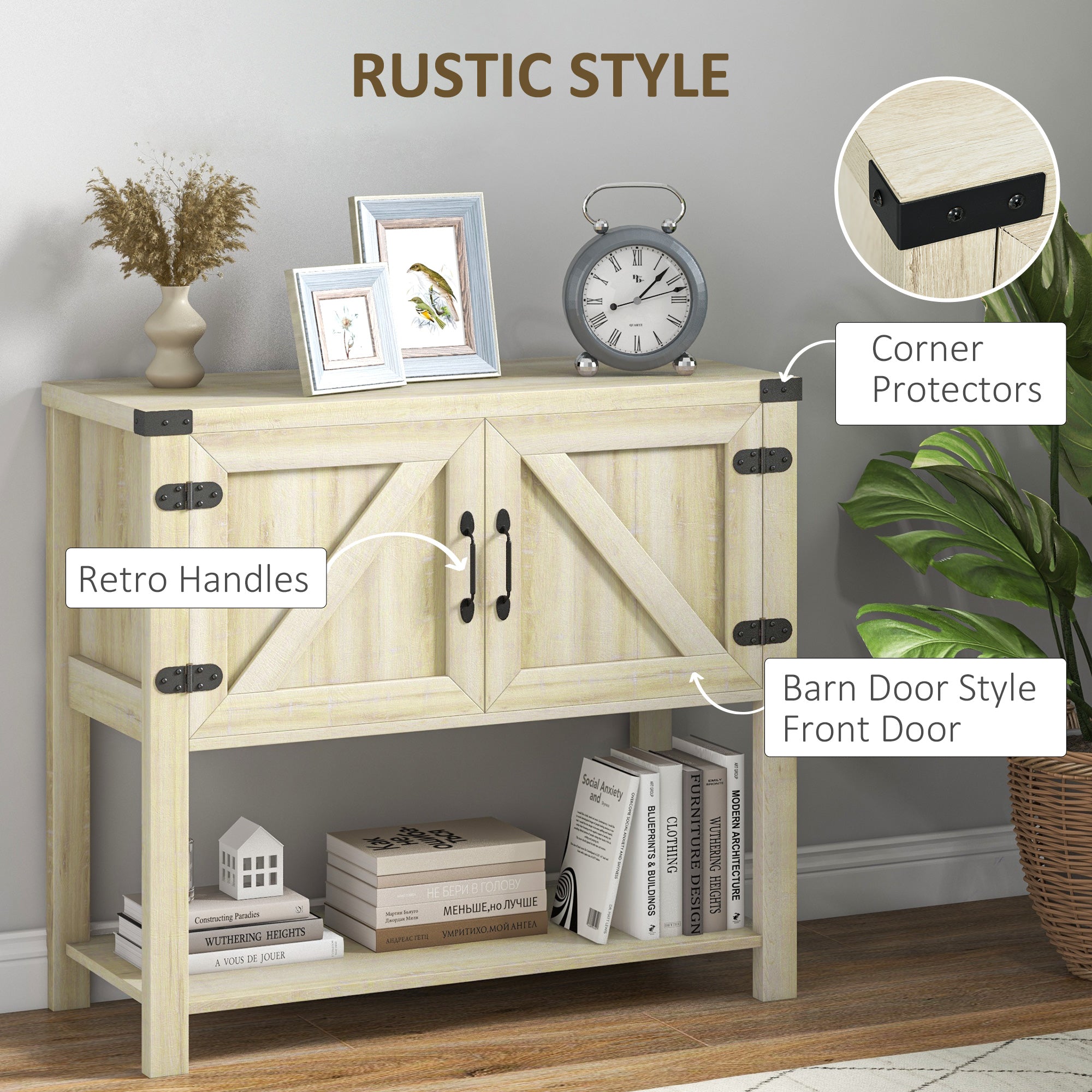 HOMCOM Farmhouse Flair: Oak Sideboard with Barn Doors, Bottom Shelf for Kitchen or Dining Countryside Vibes | Rustic Storage