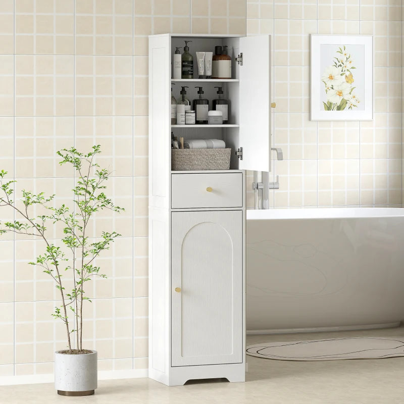 67" Tall Bathroom Cabinet, Slim Bathroom Storage Cabinet with 2 Doors, Drawer and Adjustable Shelf, White Wood Grain