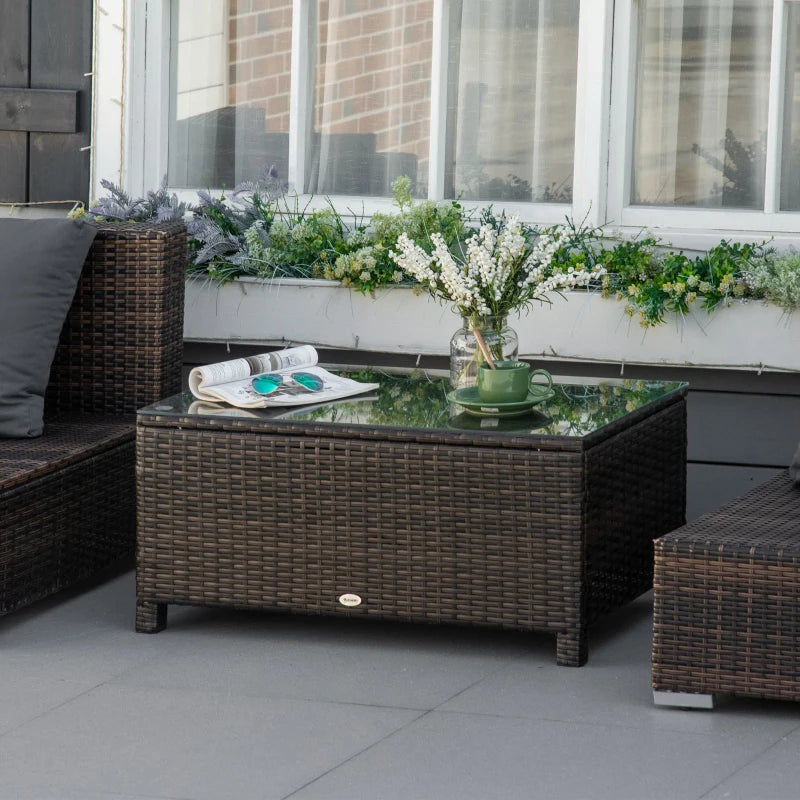Rattan Wicker Coffee Table with Glass Top Outdoor Garden Patio Furniture Brown Tempered