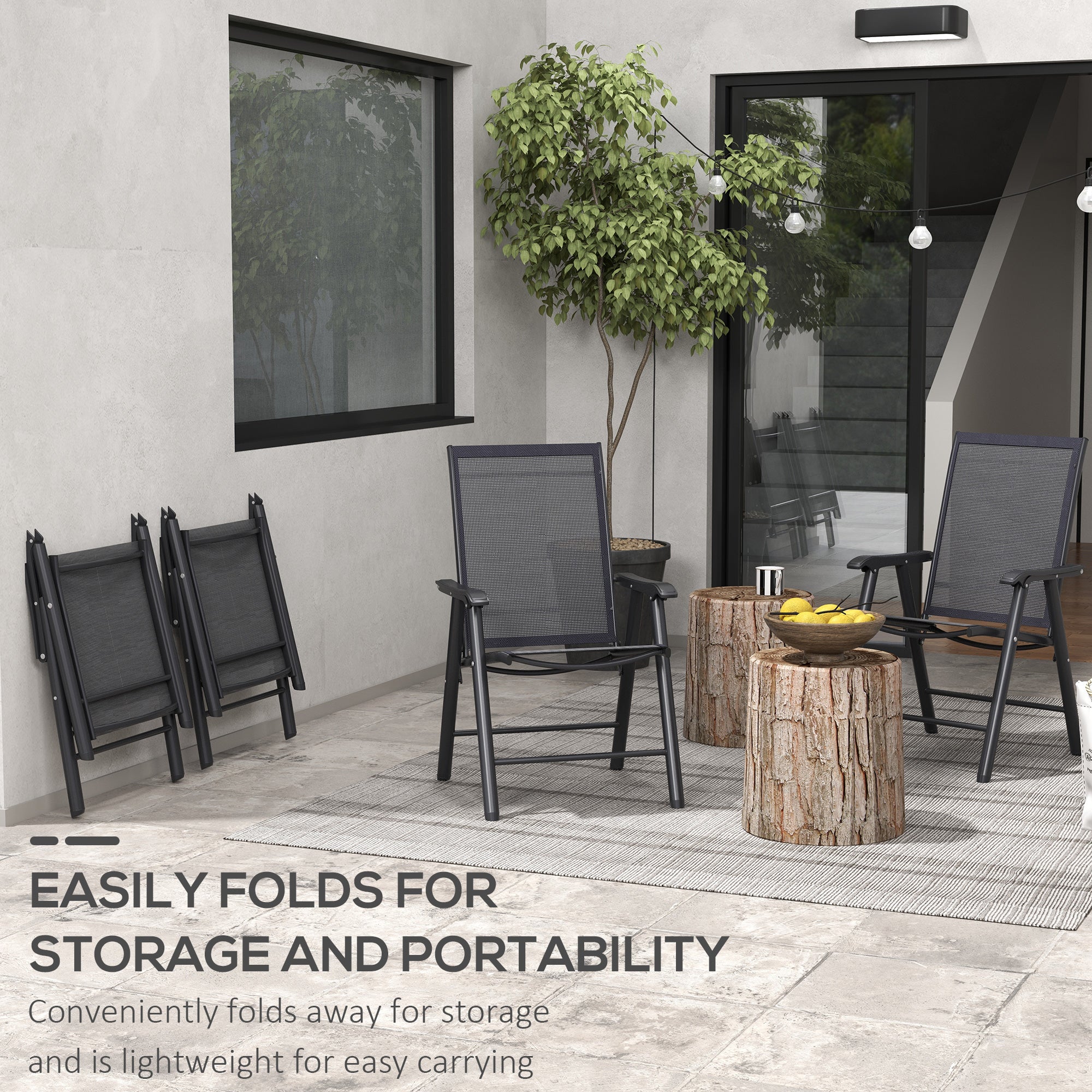 Outsunny 4-Piece Folding Chair Set for Relaxing on Patio Balcony Garden, Comfortable Outdoor Furniture with Armrests, Black