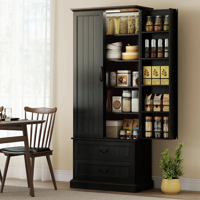 72" LED Kitchen Pantry Cabinet, Buffet Storage Cabinet with 10 Door Shelves, 2 Drawers and Adjustable Shelves, Black