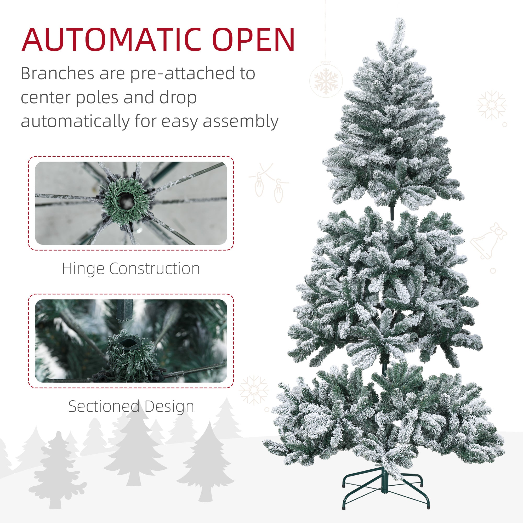 HOMCOM 6 Foot Artificial Flocked Christmas Tree with Snow, Metal Stand, Hinged Xmas Tree for Home Office Holiday