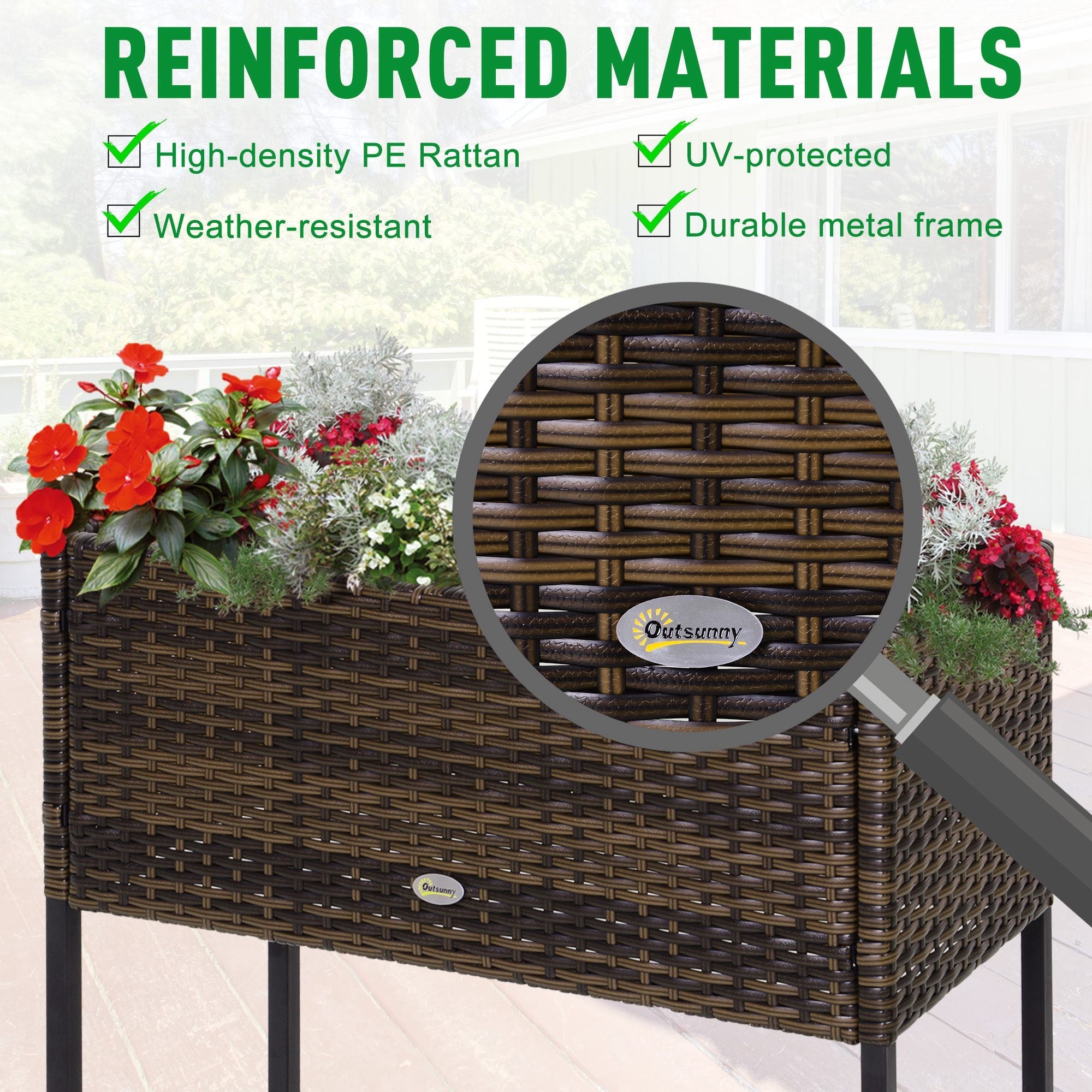 Outsunny Elevated Metal Garden Bed with Rattan Wicker Look & Tool Storage, Modern Raised Planter for Outdoor Gardening, Brown