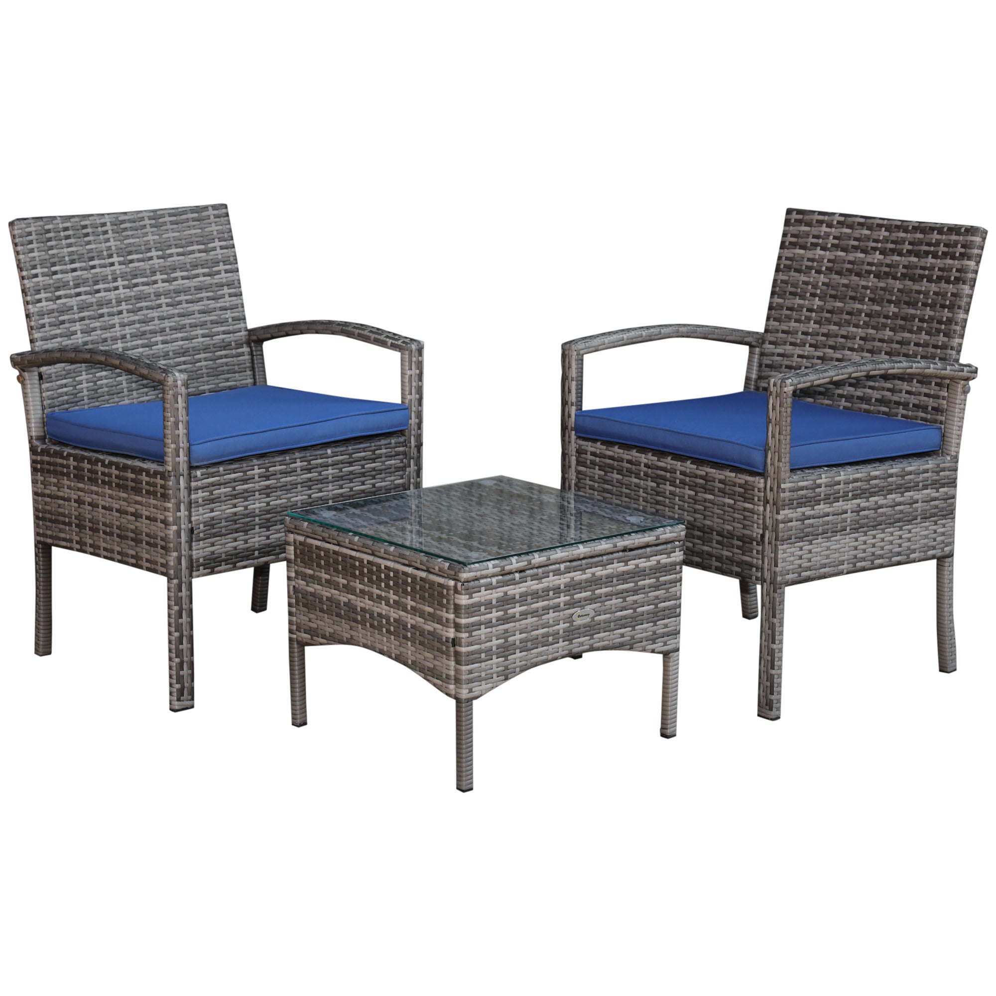 Outsunny Rattan Wicker 3pcs Coffee Set Blue Garden Chairs Table Outdoor Furniture Cushioned All Weather Patio