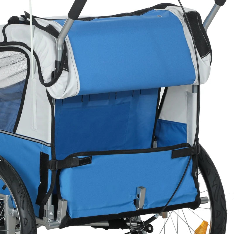 Aosom 2-in-1 Bike Trailer for Kids, Foldable 2-Seat Baby Stroller with 5-Point Harness, Rubber Wheels, Storage Bag, Blue