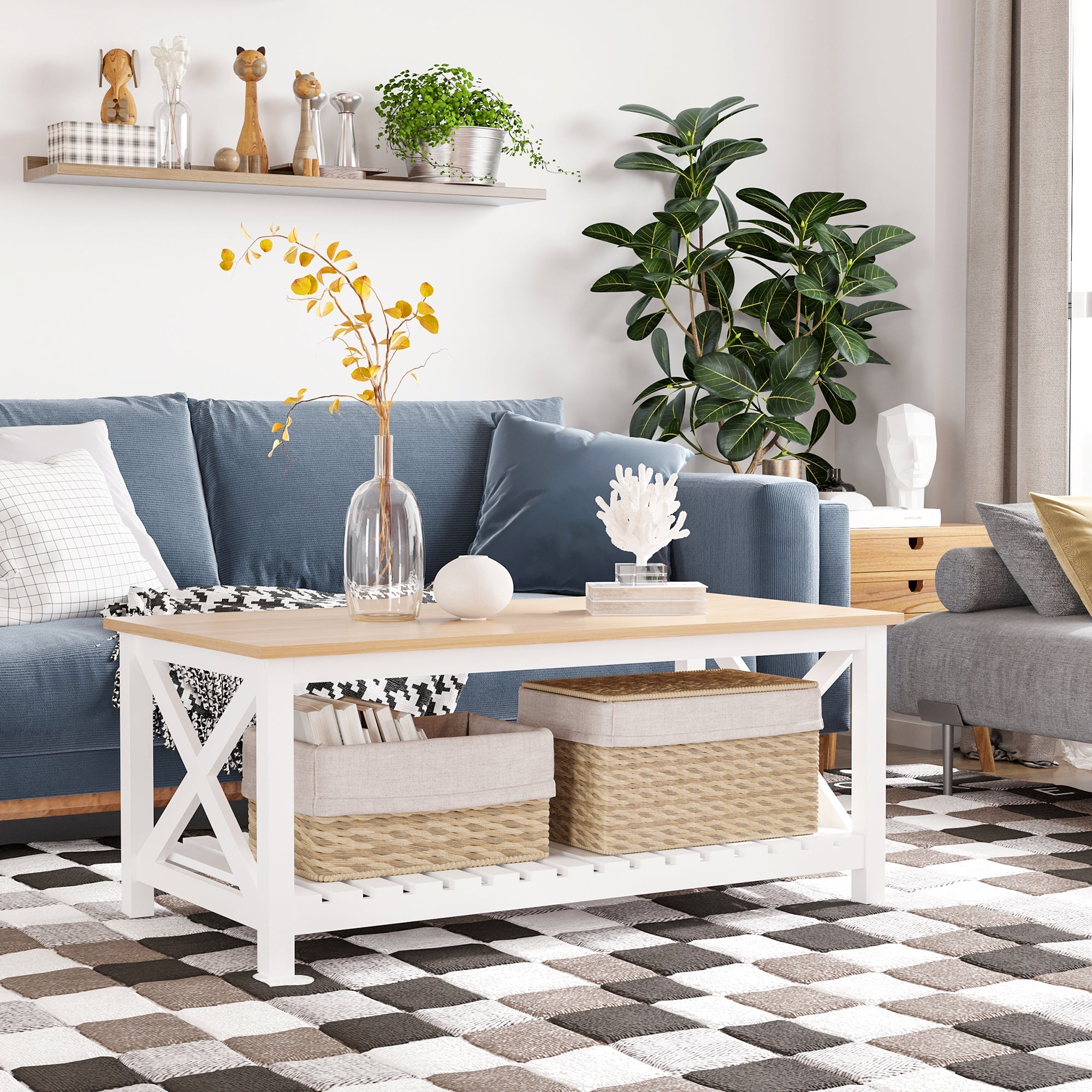 HOMCOM Farmhouse Style Coffee Table with Slatted Shelf White and Natural Center Table for Living Room