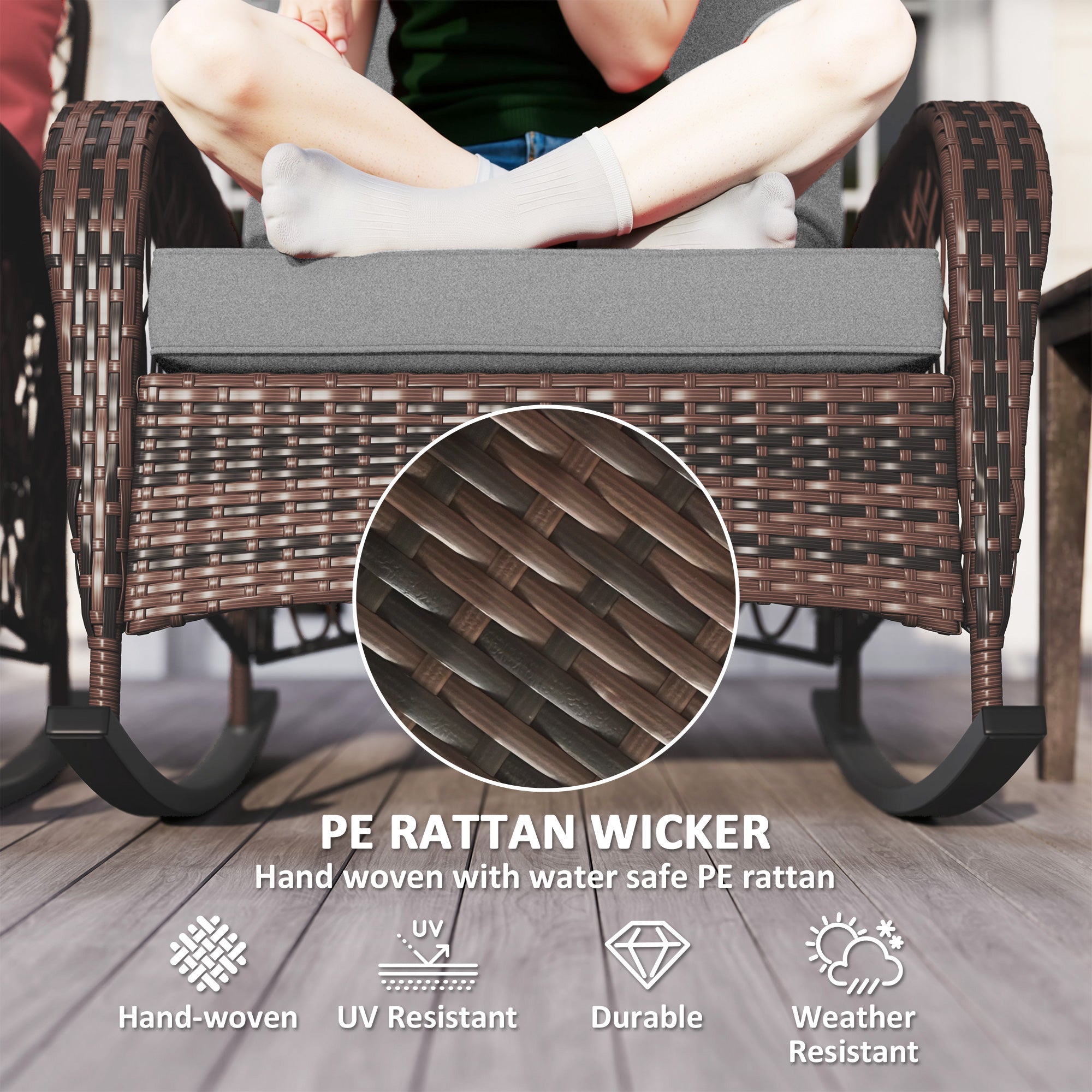 Outsunny Outdoor Wicker Rattan Rocking Chair Set of 2, Patio Rocker with Thick Cushions for Garden Backyard Porch, Grey