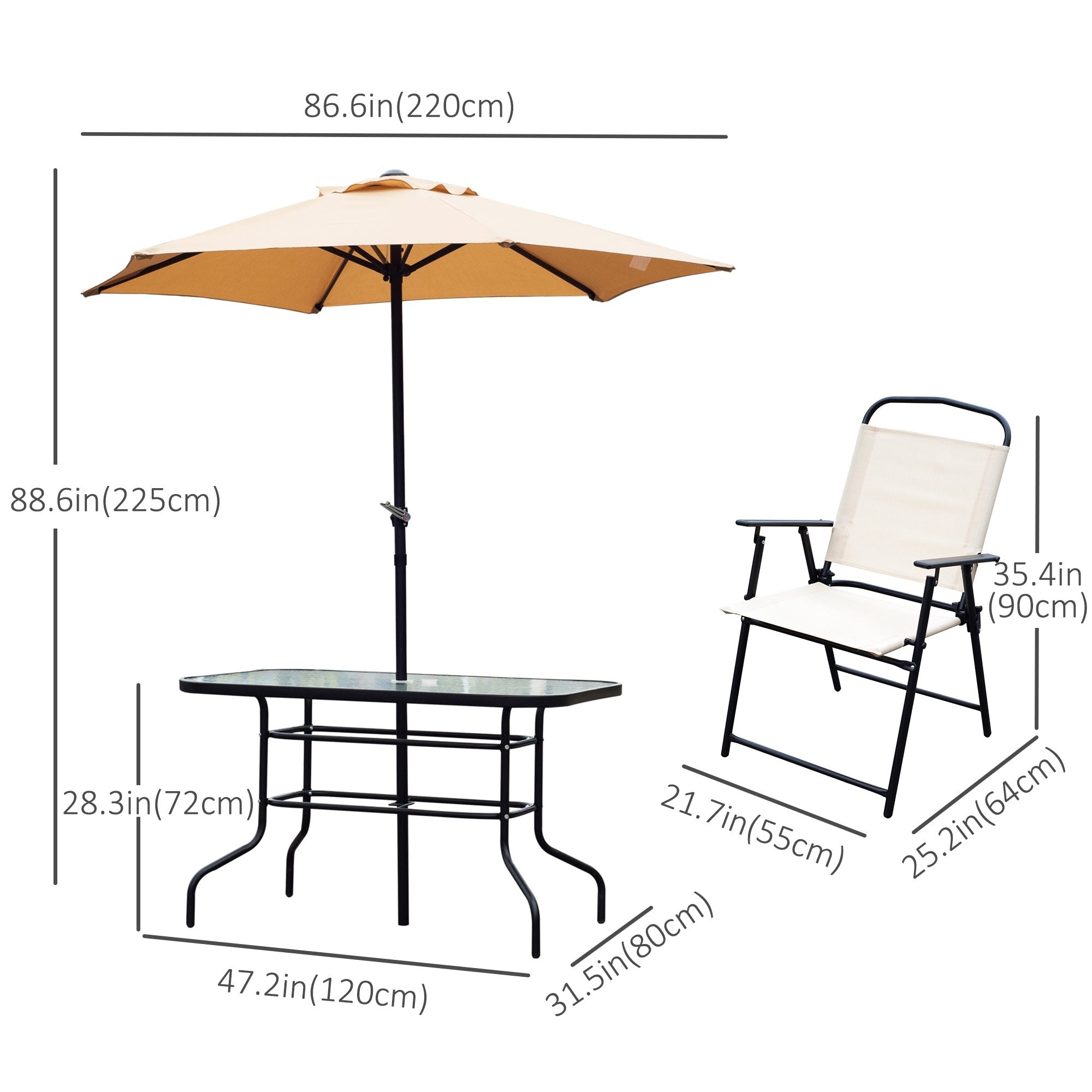 Outsunny 8pc Patio Garden Texteline Dining Set Outdoor Bistro Furniture 6 Folding Chairs with Table and Umbrella Beige