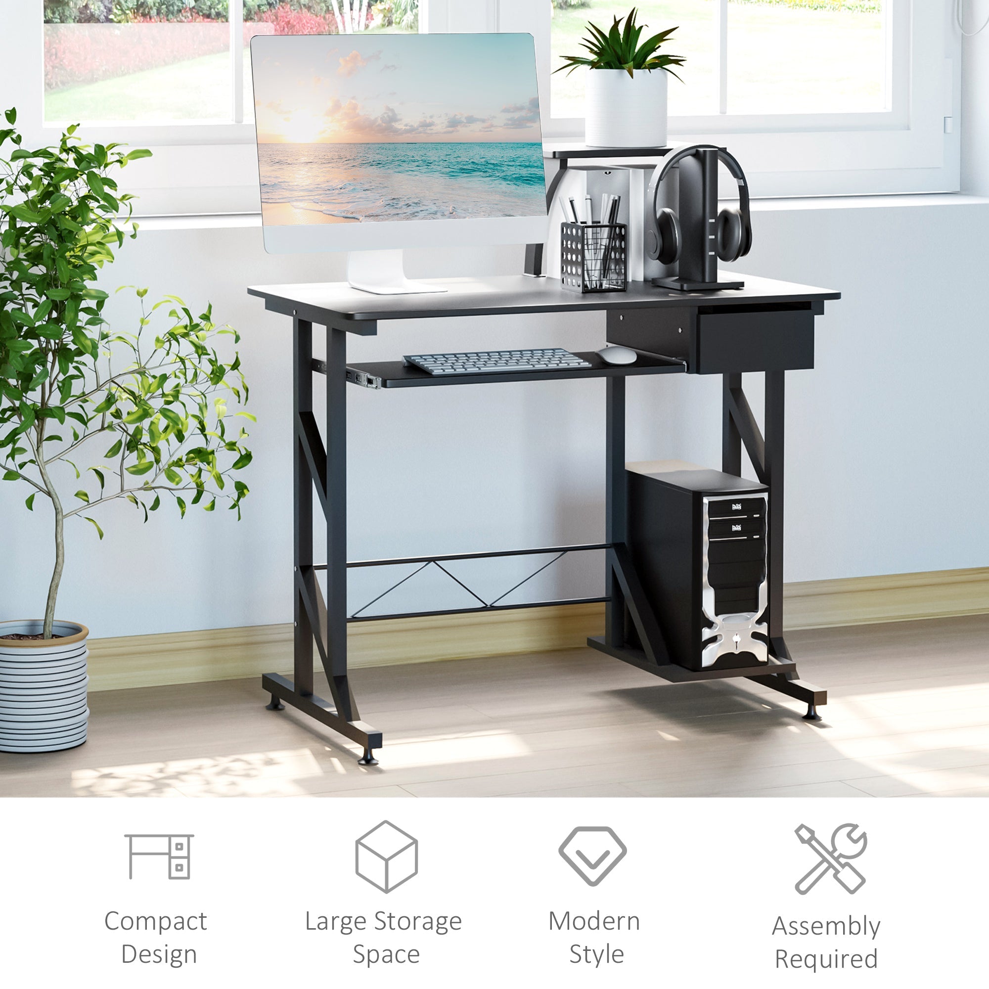 HOMCOM Compact Computer Desk with Keyboard Tray & Drawer in Black 35.4"Lx19.7"Wx37.4"H