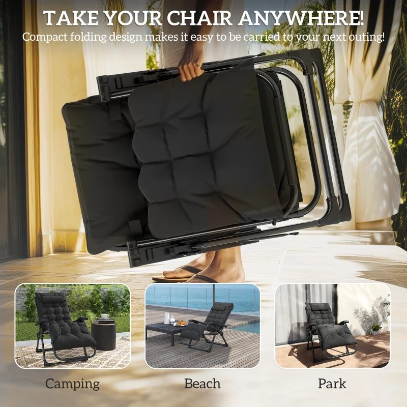Folding Garden Chair, Reclining Zero Gravity Chair, Sun Lounger with Cushion and Headrest, Black