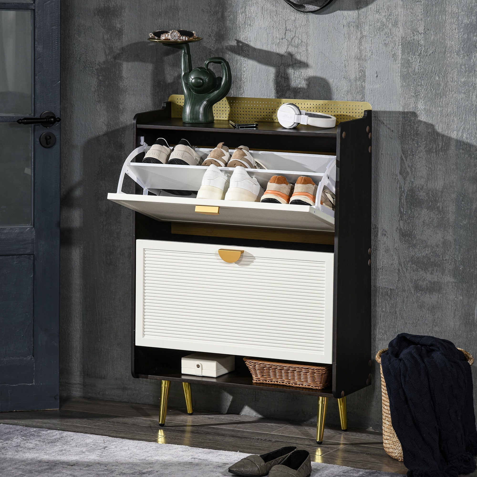 HOMCOM Modern Shoe Cabinet: 2 Flip Drawers, Open Shelf for 12 Pairs Storage Solution in White Finish