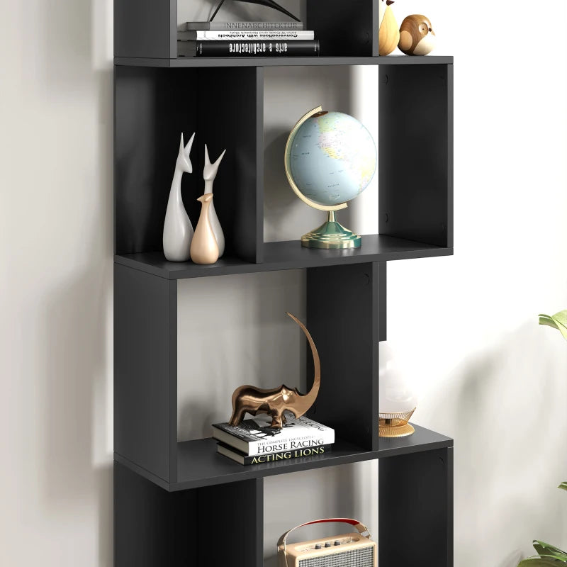 5-Tier Geometric Bookshelf, S Shaped Bookcase, Modern Freestanding Display Shelf Unit for Home Office, Black