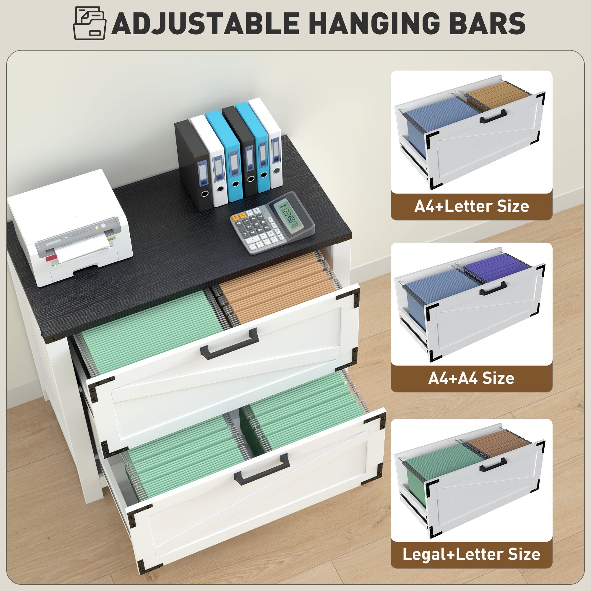 HOMCOM 2 Drawer Filing Cabinet, Farmhouse Office Storage Cabinet with Adjustable Hanging Bars for Letter, A4, Legal Size, White