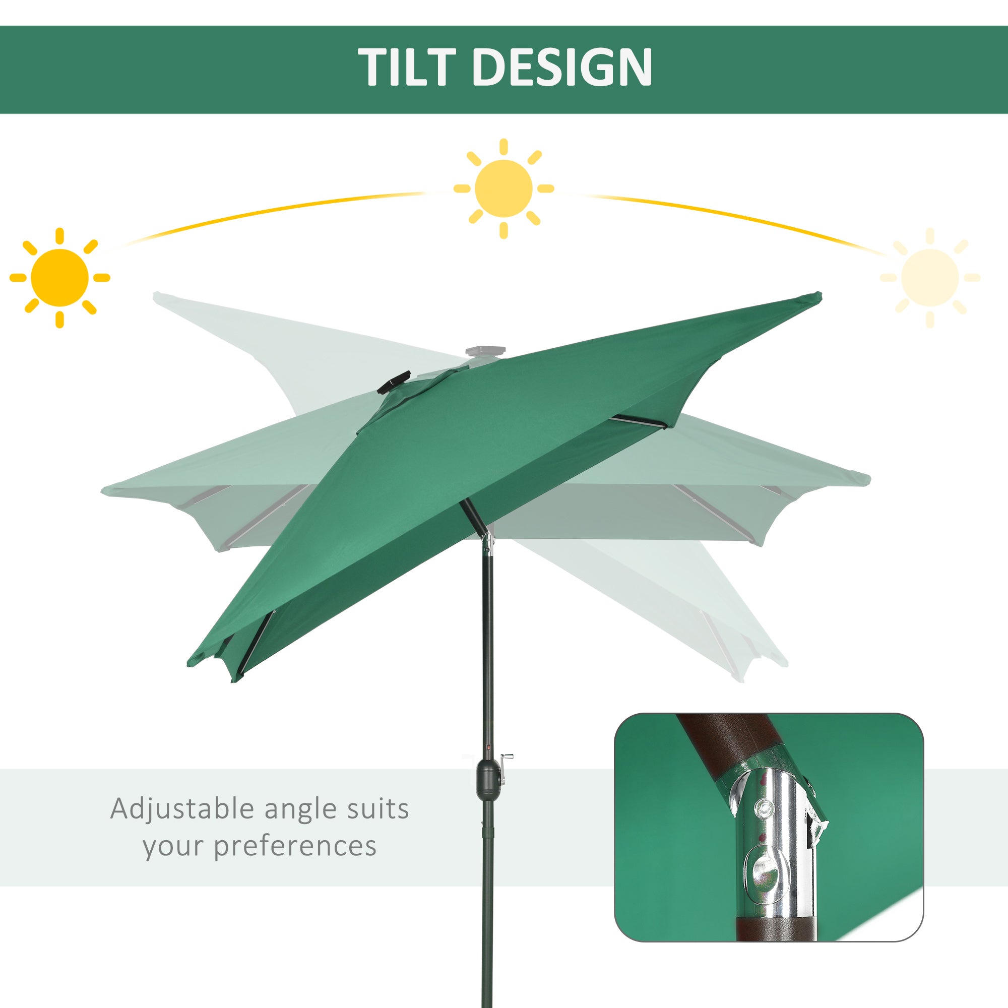 Outsunny Patio Umbrella: 6.5x10ft Rectangular Solar Powered LED Lights Aluminum Tilt Crank Dark Green